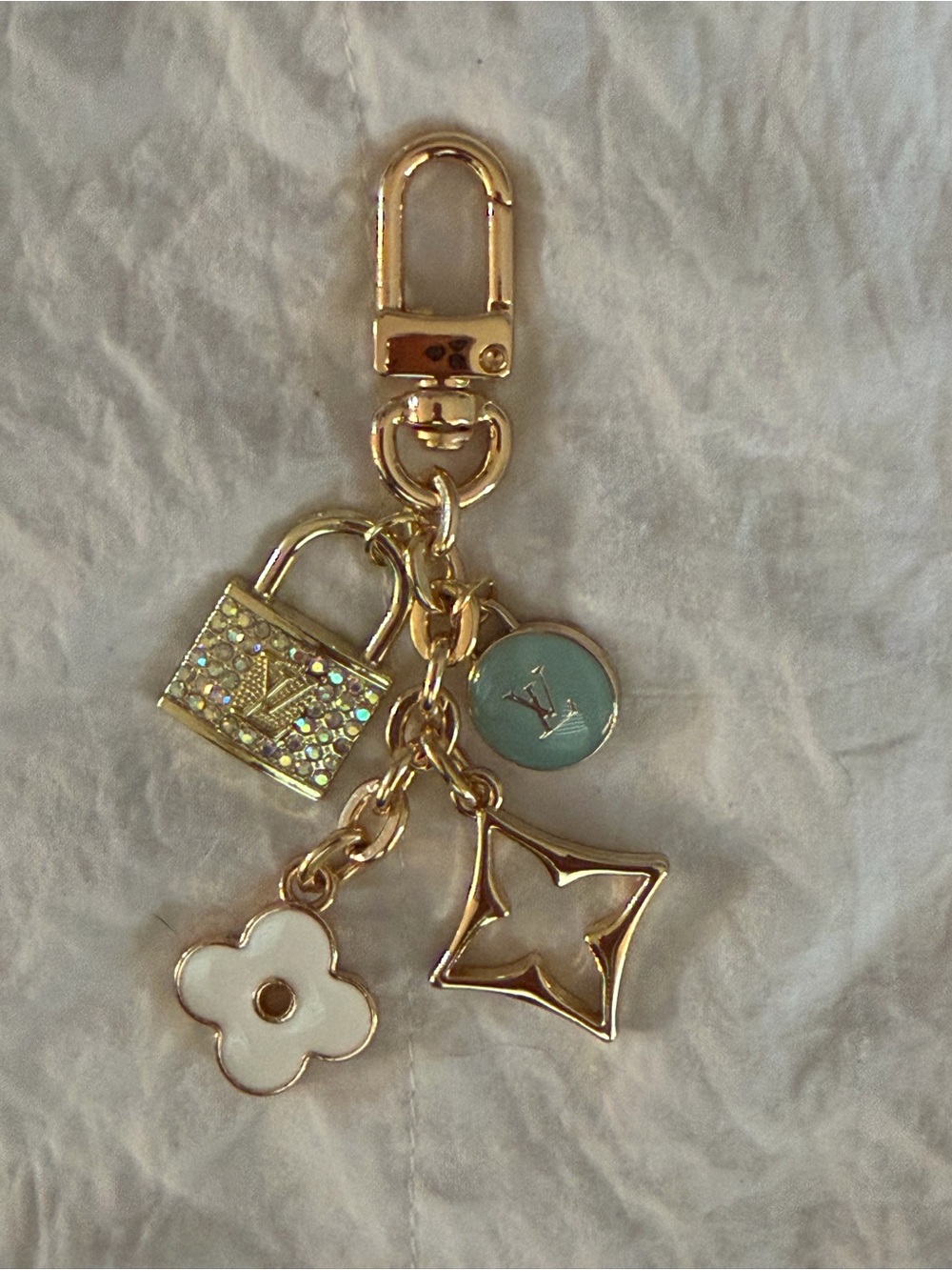 Upcycled Gold and Turquoise Charm Keychain with White Flower Accent